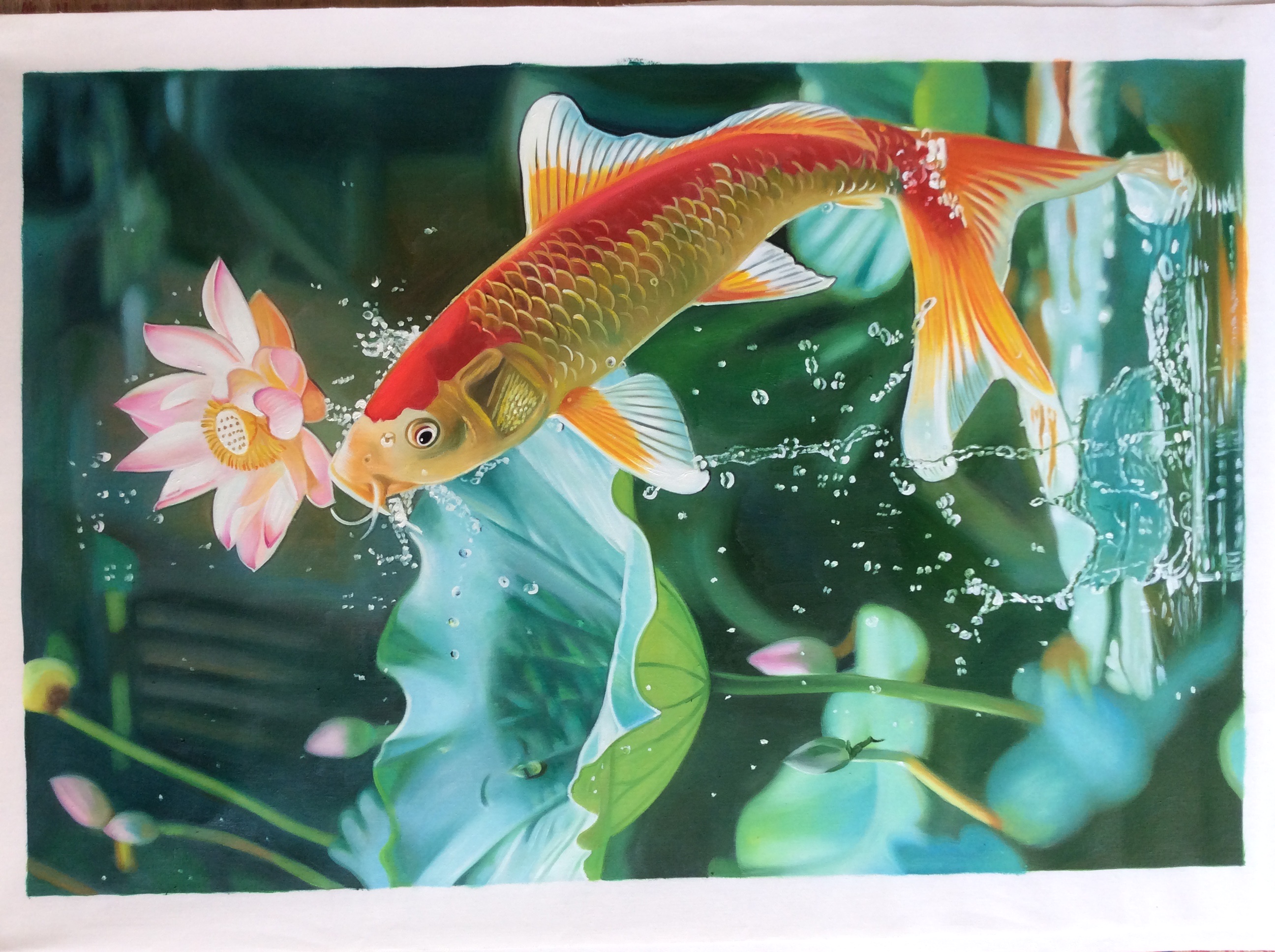 荷花鲤鱼图九鱼图玄关装饰画新中式入户走廊过道挂画手绘油画壁画挂画墙面装饰，沙发背景画油画1详情2