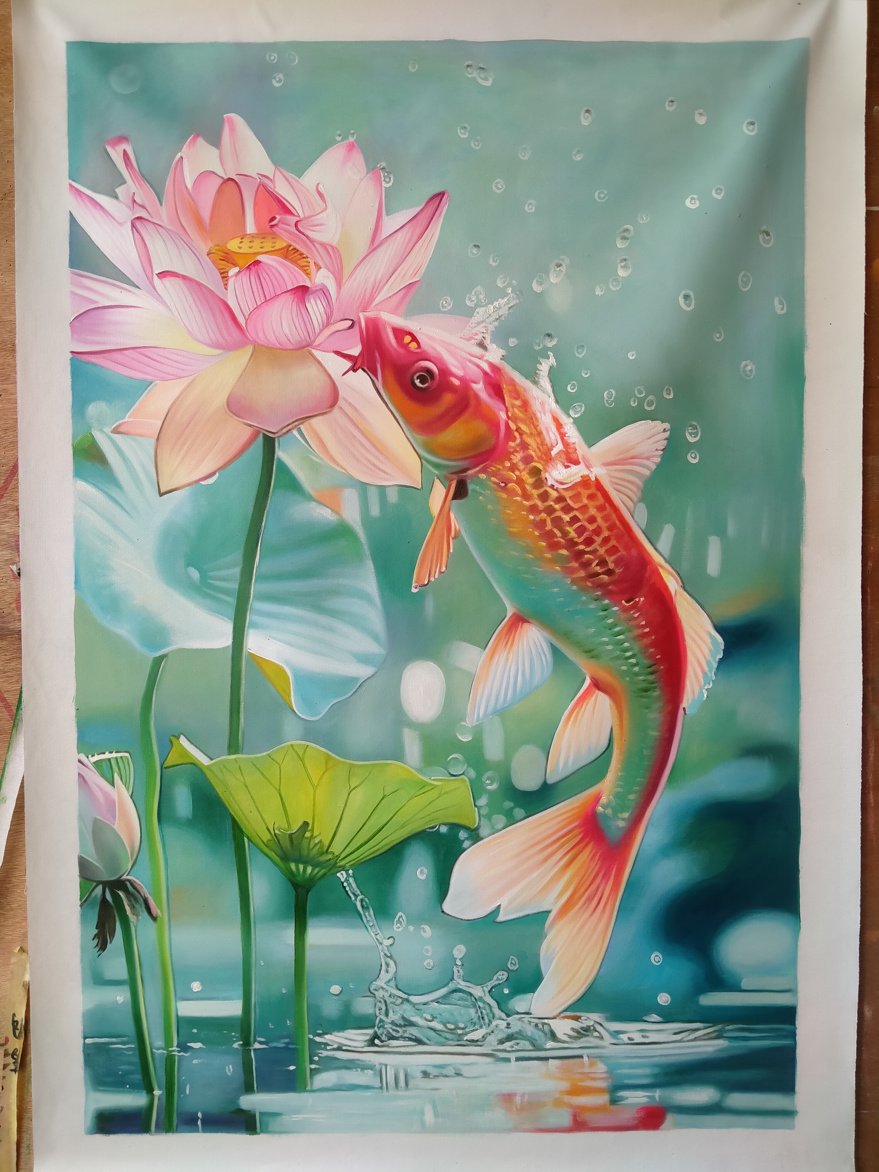 荷花鲤鱼图九鱼图玄关装饰画新中式入户走廊过道挂画手绘油画壁画挂画墙面装饰，沙发背景画油画1详情3