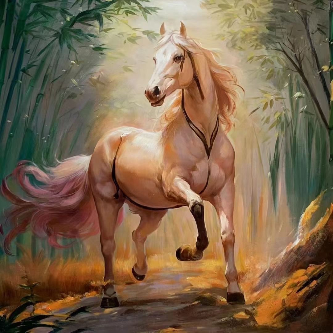 手绘油画骏马图客厅大气马到成功装饰画动物竖版入户玄关走廊挂画油画墙面装饰，沙发背景画墙面装饰，沙发背景画油画油画油画细节图