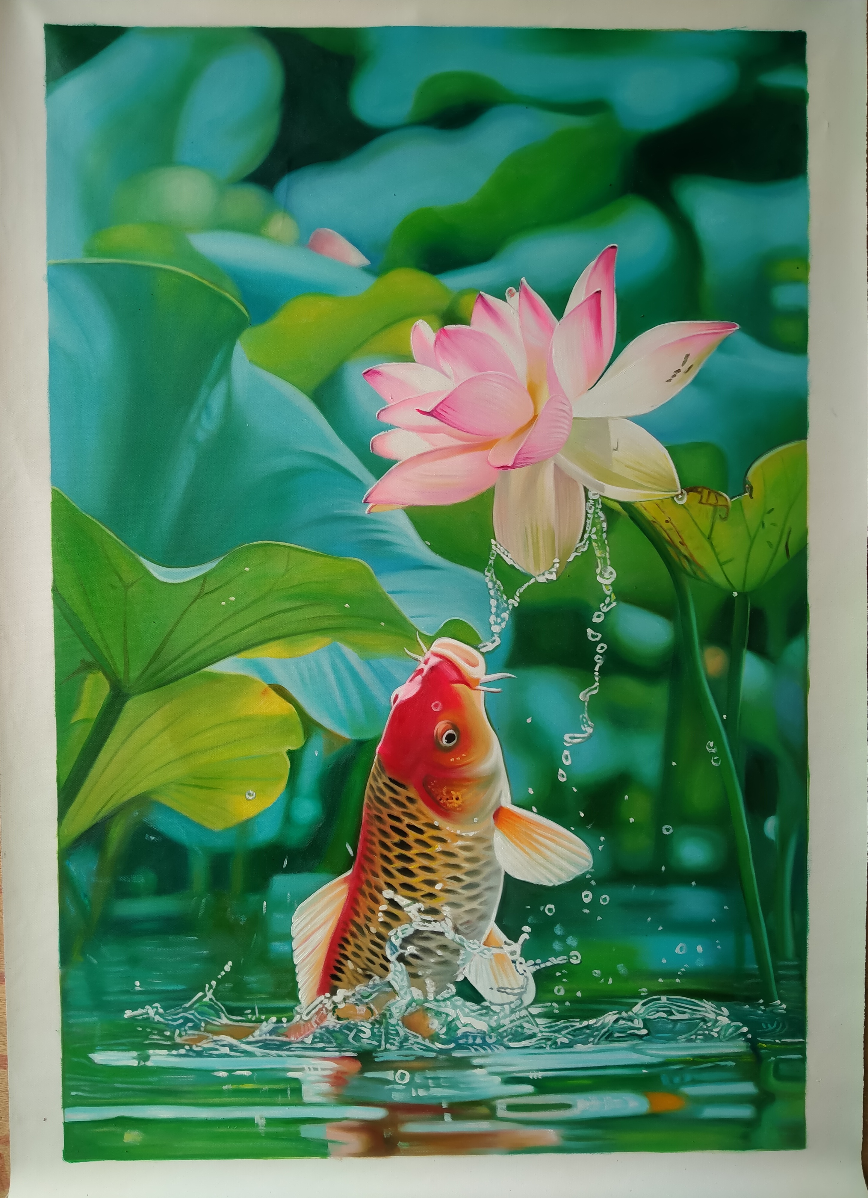 荷花鲤鱼图九鱼图玄关装饰画新中式入户走廊过道挂画手绘油画壁画挂画墙面装饰，沙发背景画油画1详情4