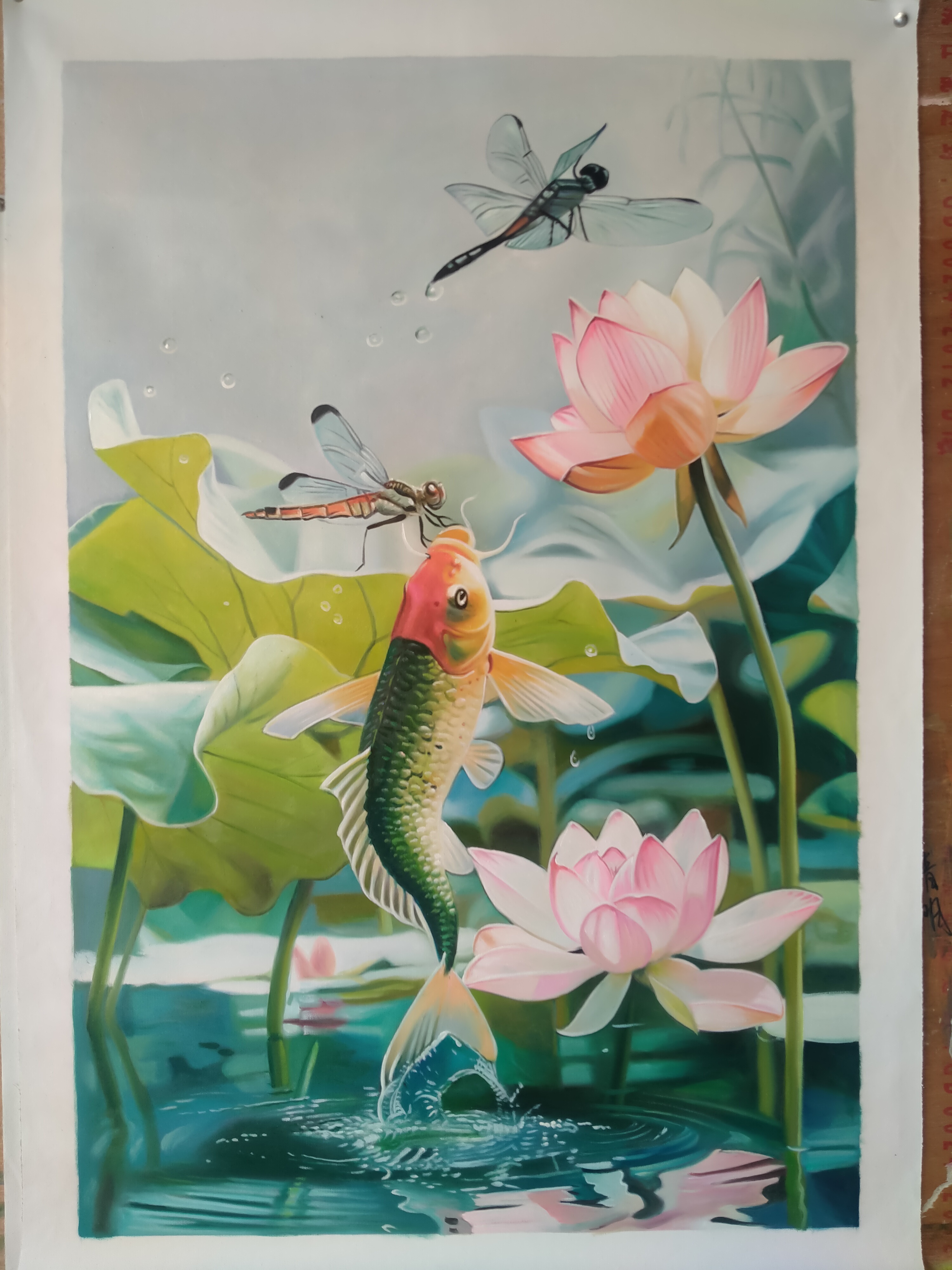 荷花鲤鱼图九鱼图玄关装饰画新中式入户走廊过道挂画手绘油画壁画挂画墙面装饰，沙发背景画油画1详情6