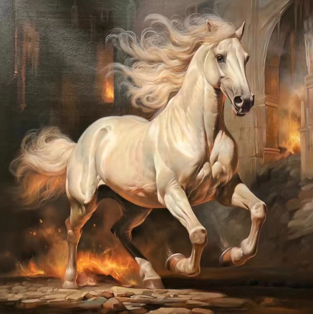 手绘油画骏马图客厅大气马到成功装饰画动物竖版入户玄关走廊挂画油画墙面装饰，沙发背景画墙面装饰，沙发背景画油画油画油画白底实物图