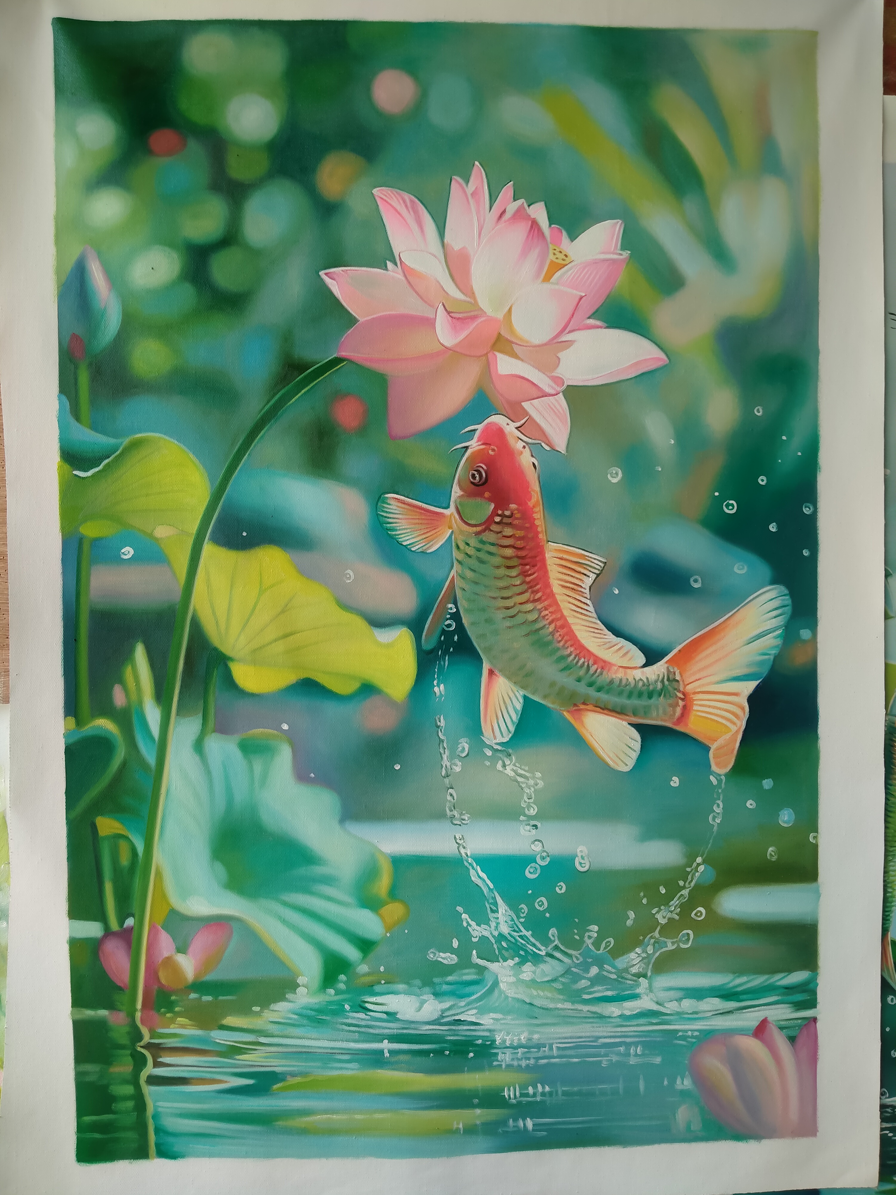 荷花鲤鱼图九鱼图玄关装饰画新中式入户走廊过道挂画手绘油画壁画挂画墙面装饰，沙发背景画油画1详情7