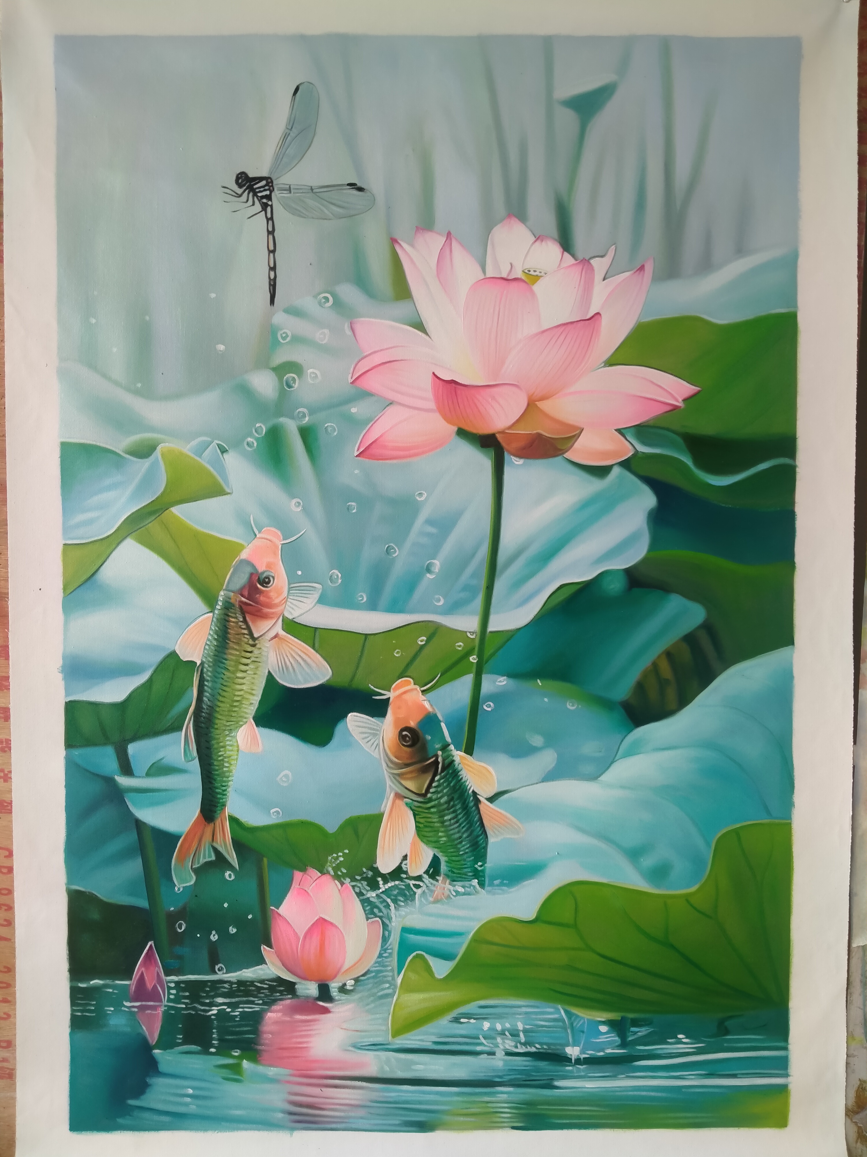 荷花鲤鱼图九鱼图玄关装饰画新中式入户走廊过道挂画手绘油画壁画挂画墙面装饰，沙发背景画油画1详情8