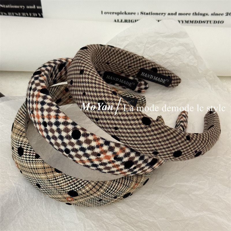 气质高颅顶发箍2024网红新款韩版复古学院风格子海绵头箍压发发卡 