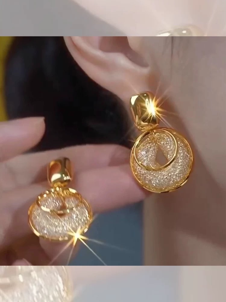 925 Silver Needle Gold Wire Mesh Crystal Ring Earrings 2024 New Bestseller, high-end retro fashion, unique style earrings 0 0 1