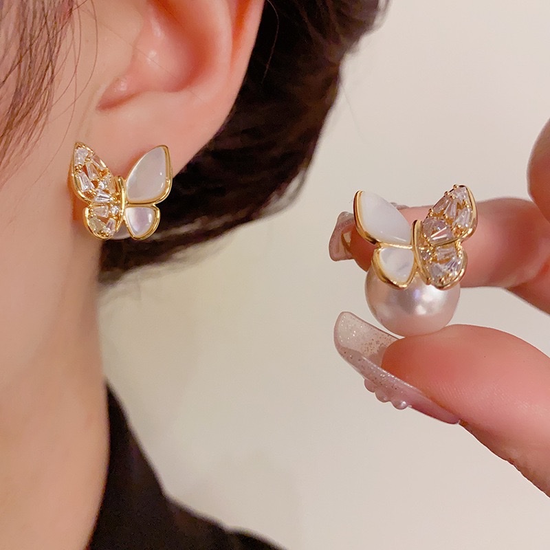 甜美气质蝴蝶贝母珍珠两戴款耳环轻奢网红爆款百搭耳环详情图6