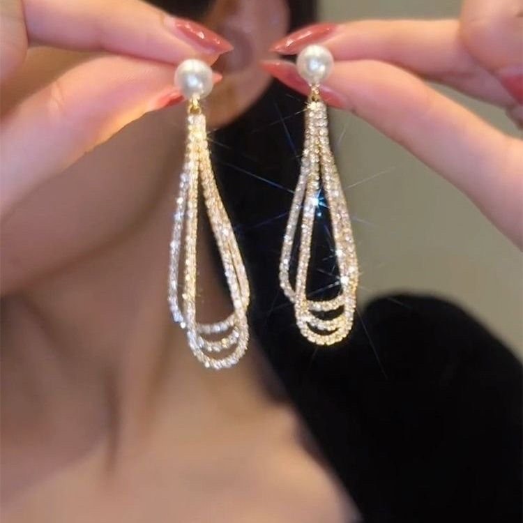 高级感长款满钻流苏耳坠 珍珠耳环时尚大气 设计感气质s耳饰 流苏耳环女轻奢小众高级感耳钉复古ins气质耳耳 饰品批发耳饰