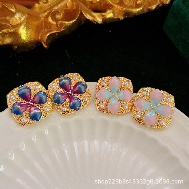 青岛洪钢工艺品  波西米亚风925银针耳钉珍珠花卉樱花复古宫廷女 饰品耳饰详情图6