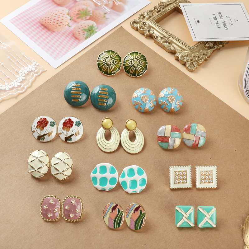 vintage court-style enamel stud earrings 925 silver needle retro art sweet and elegant earrings, ear clips women's accessories earrings
