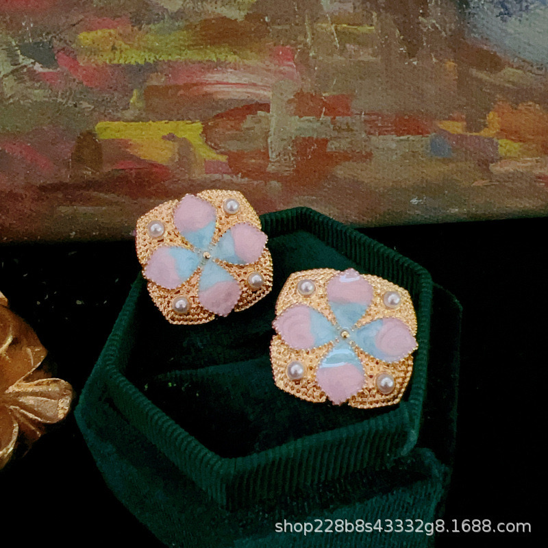 青岛洪钢工艺品  波西米亚风925银针耳钉珍珠花卉樱花复古宫廷女 饰品耳饰详情图2