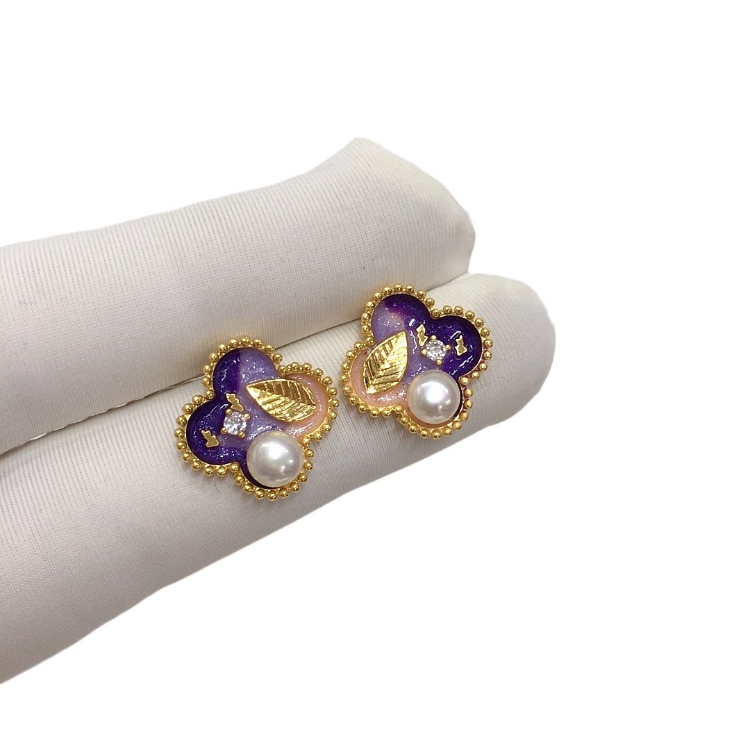 Yabidai 0836 Natural freshwater pearl S925 stud Earrings, Women's painted oil painting antique style pearl earrings, 18K gold-plated color preservation earrings Item Picture