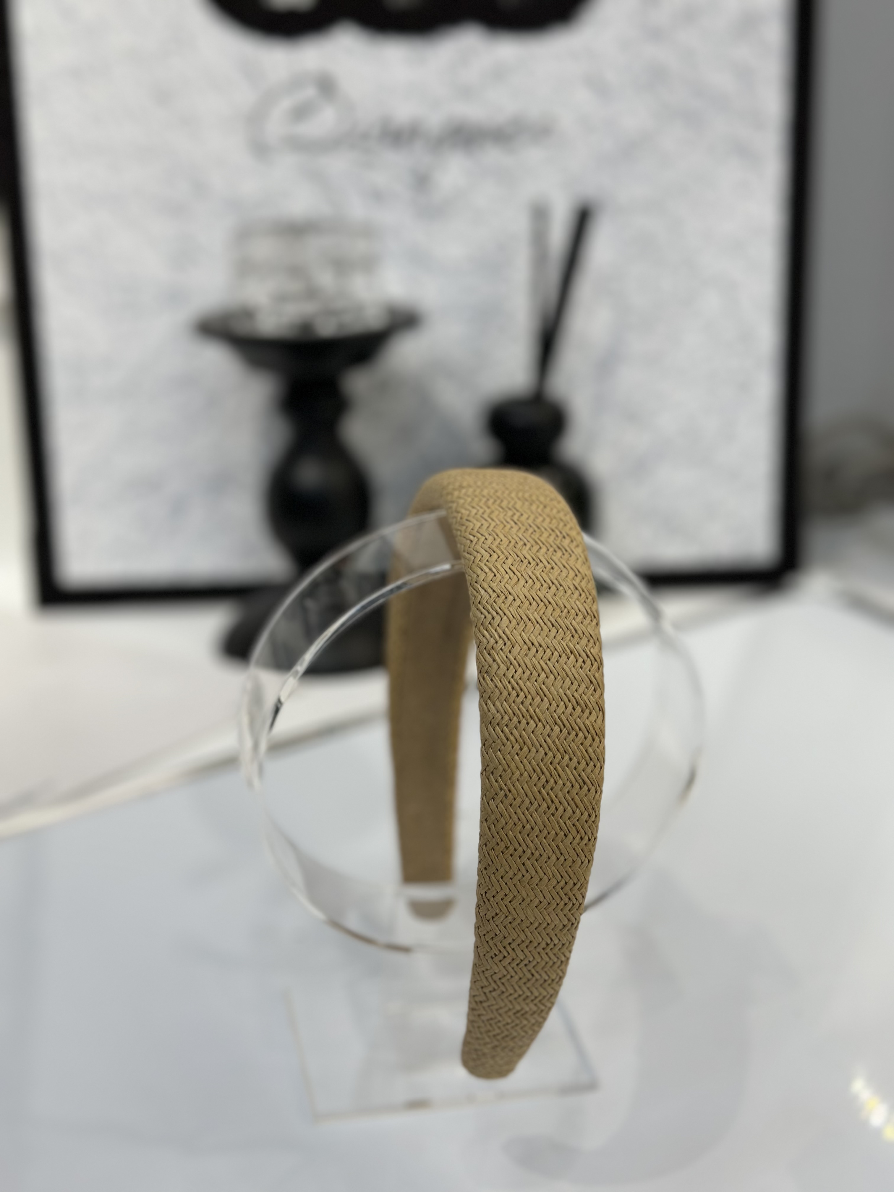 韩国新款草编发箍网格手工编织藤海绵显脸小高颅顶头箍宽边发箍百搭气质纯色头箍发卡发饰女卡其色