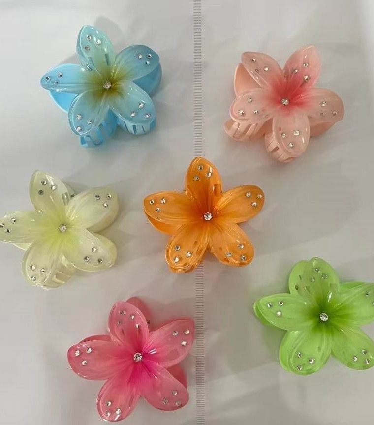 Korean-style flower claw headwear, hair accessories, frangipani, fashionable ladies' headwear, hair clips, shark clips, popular accessories, Nini accessories, candy-colored macaron-colored headwear with AB color plating details Picture