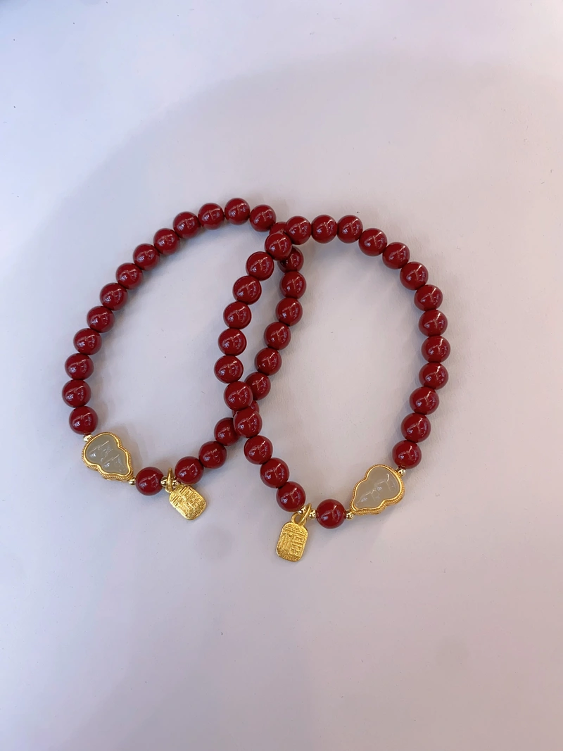 Vintage Cinnabar Hetian Jade Gourd Fu Brand Female String String
