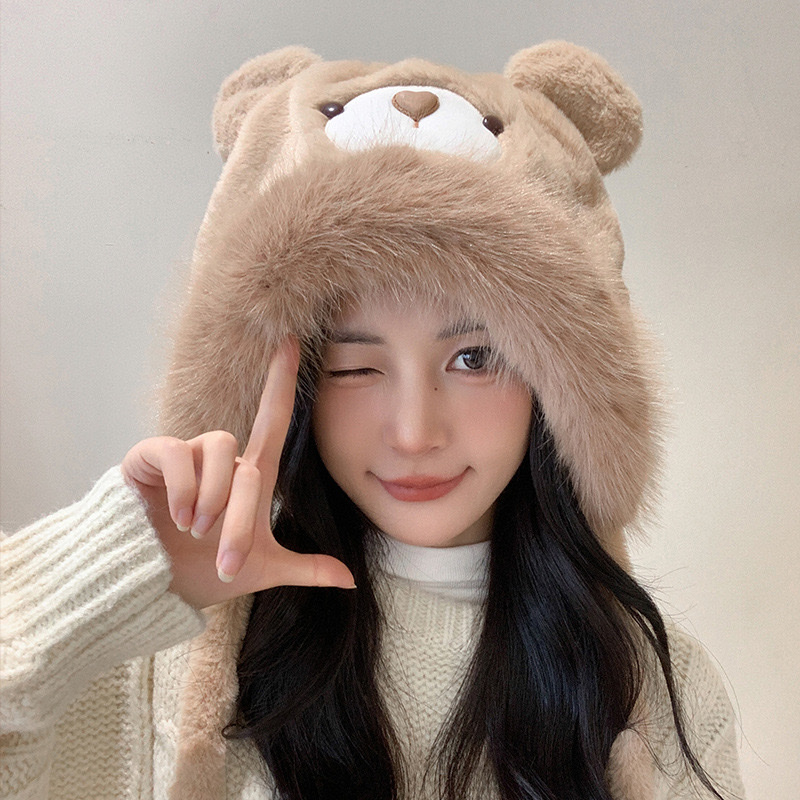Plush bear ear hat, thickened warm ear-protecting headgear for women in autumn and winter, cute Lei Feng hat, cycling gloves