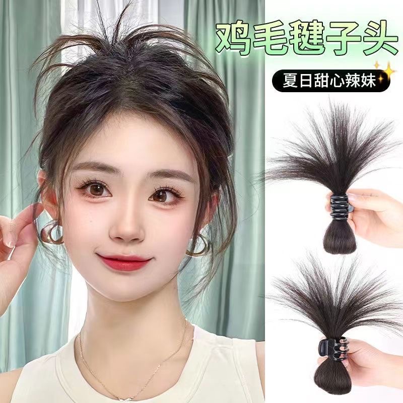 Half-tied chicken feathers, bun hairstyle, false hair, hairband, sweet and cool, hot girl, fountain high ponytail, lazy chicken coop hairstyle, false hair, wig Application Scenario