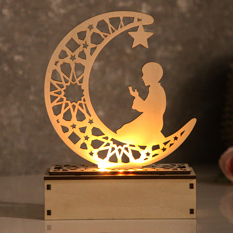 diy wooden luminous moon figurine, star lamp figurine, festival EidMubarak star decorative atmosphere figurine Item Picture