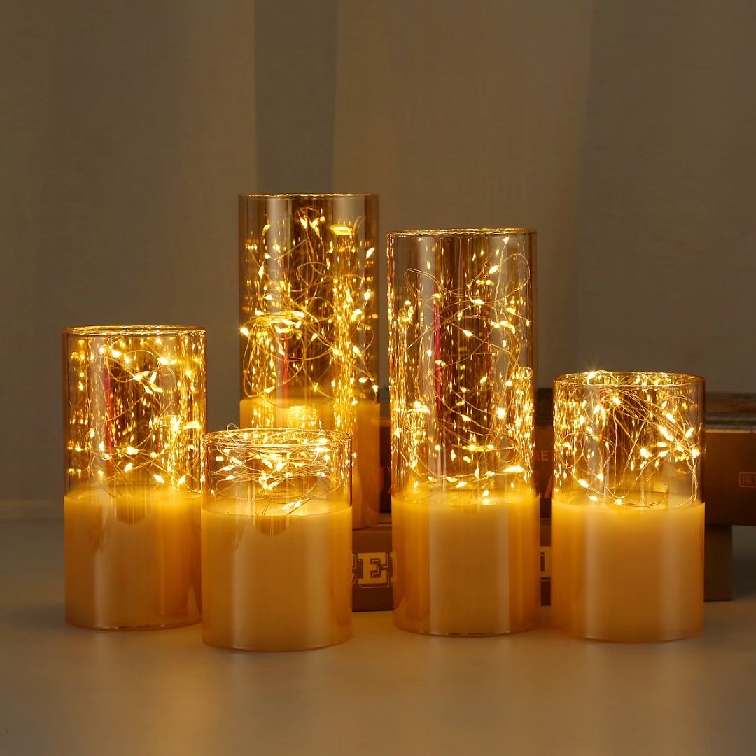 Cross-border new product bestsellers: glass paraffin LED electronic candle lamp, gold-plated grey glass tube lamp, string cup wax details Picture