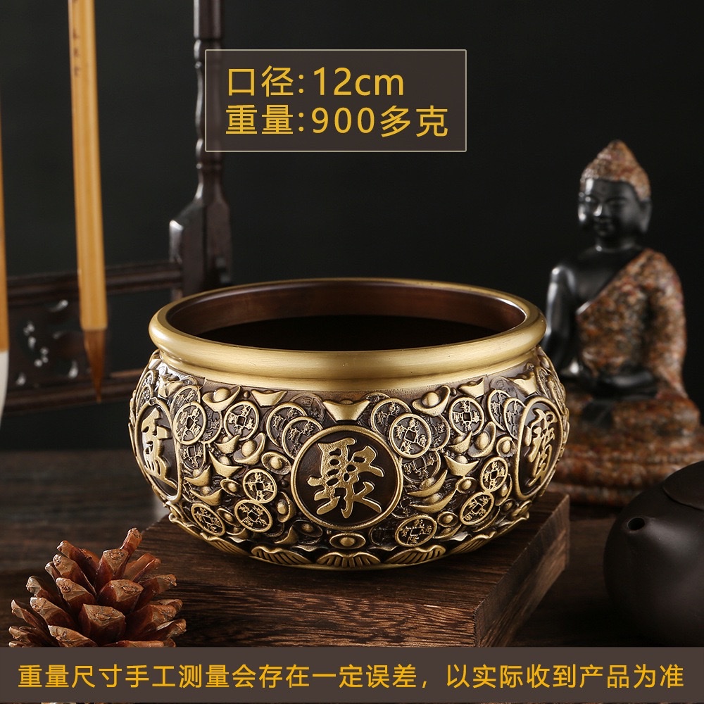 黄铜复古元宝聚宝盆大号存钱罐米缸办公桌面摆件工艺品铜钱铜钱细节图