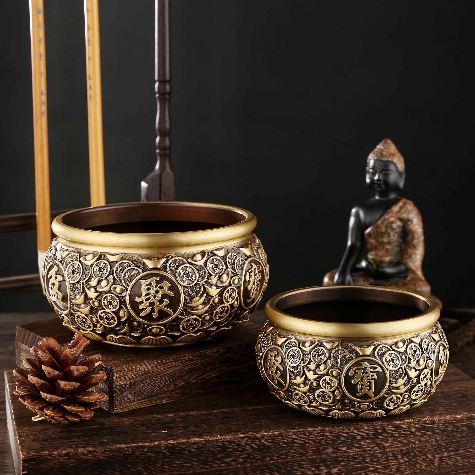 黄铜复古元宝聚宝盆大号存钱罐米缸办公桌面摆件工艺品铜钱铜钱详情图3