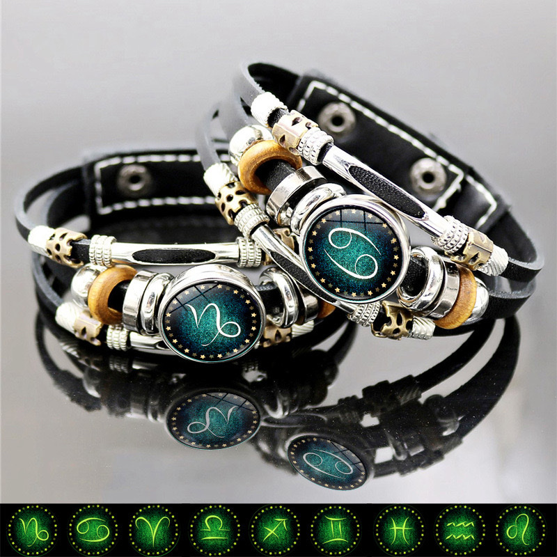 十二星座皮革手链可拆卸夜光宝石男士手镯