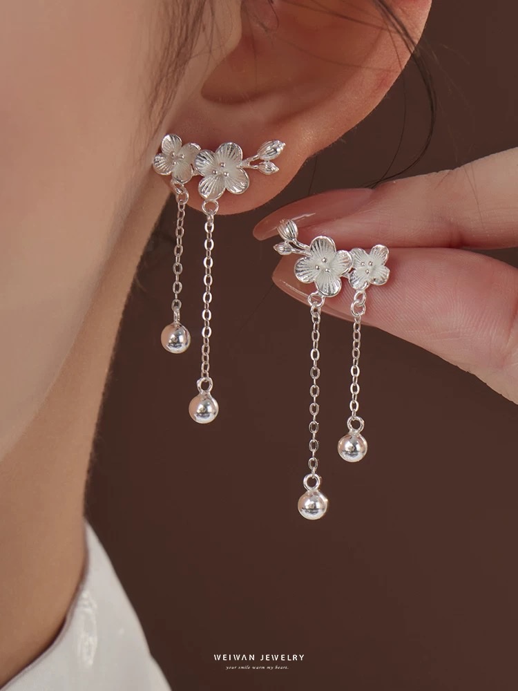 『桃花枝』为晚足银s999纯银耳环女花朵流苏耳饰新中式国古风礼物