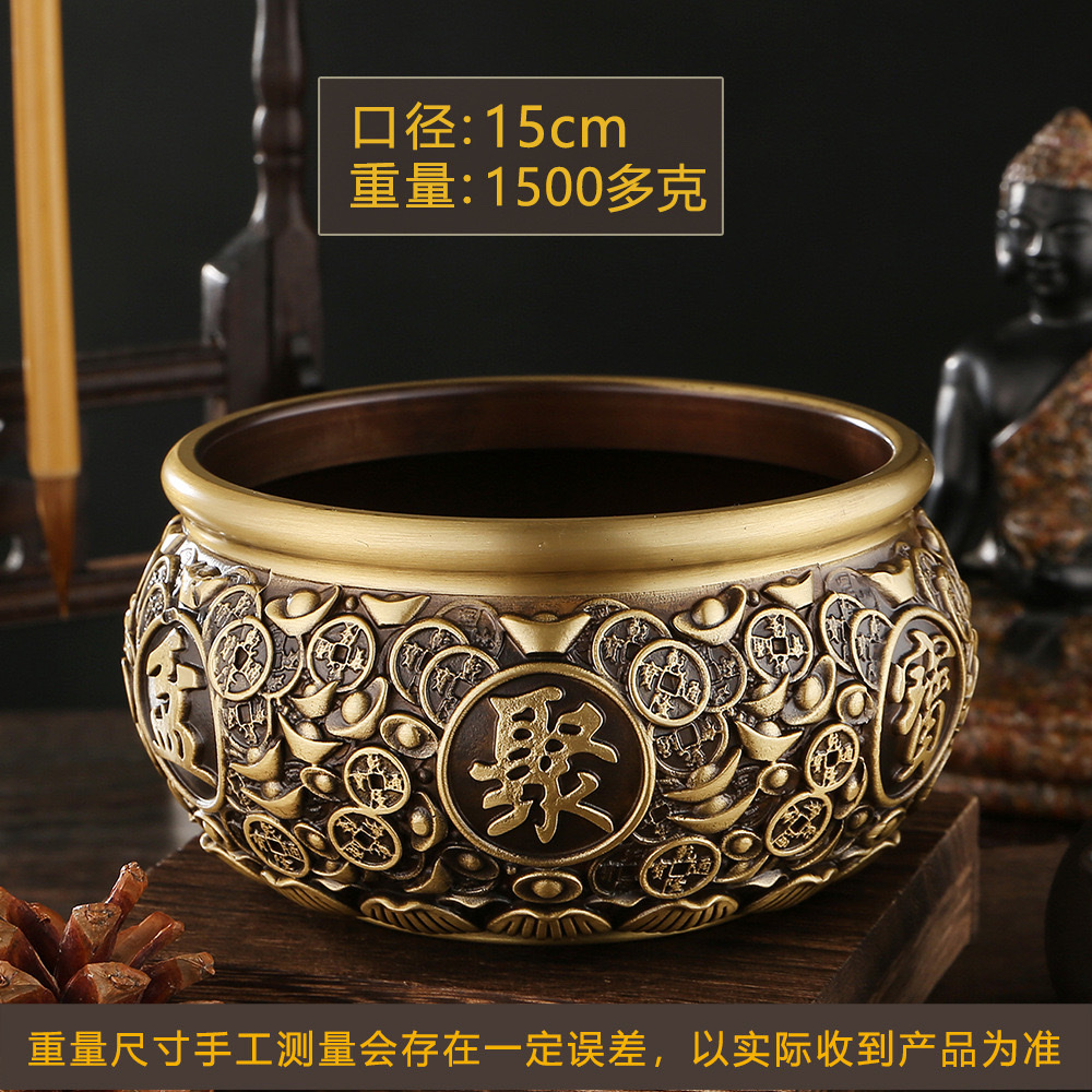 黄铜复古元宝聚宝盆大号存钱罐米缸办公桌面摆件工艺品铜钱铜钱白底实物图