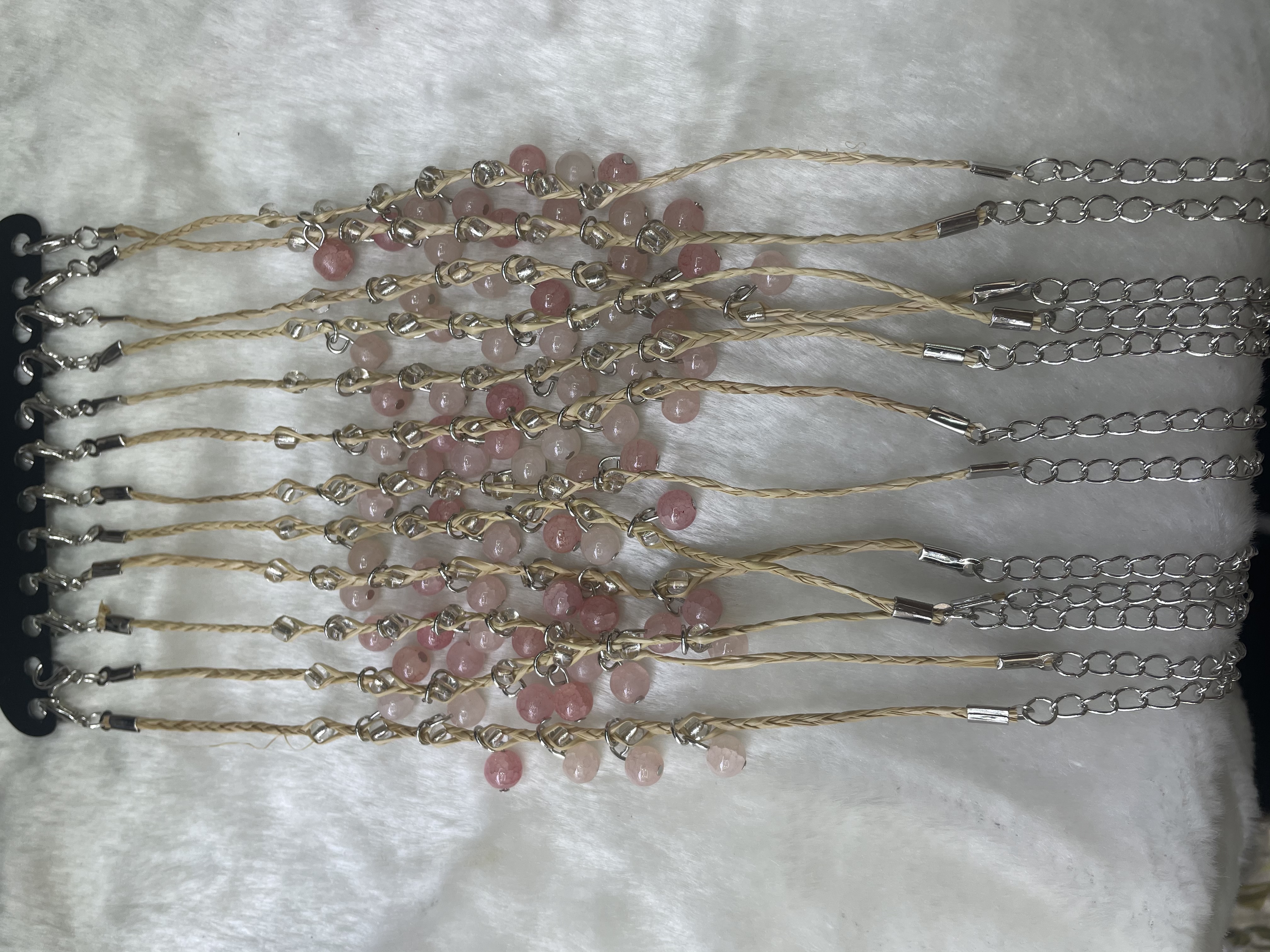 幸运草扣仿石头西瓜红玻璃珠加编小米珠十六公分手链