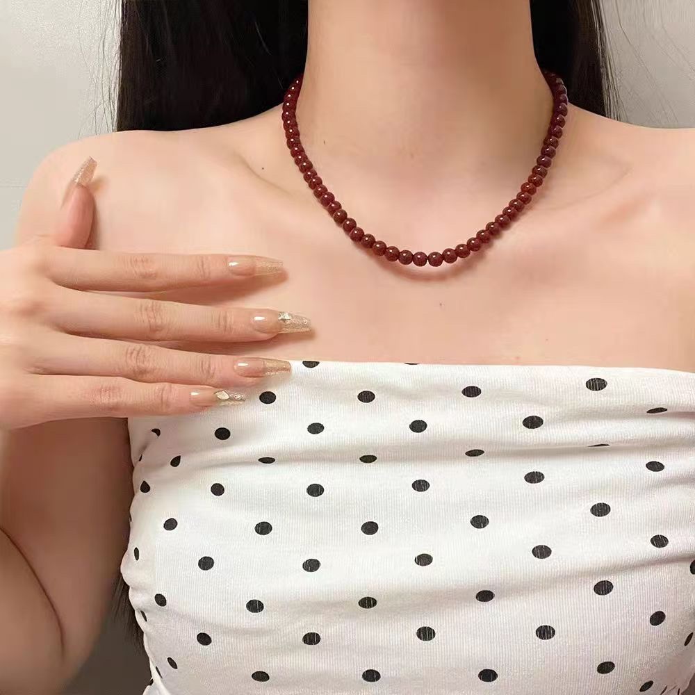 New festive round ball red agate necklace 925 sterling silver collarbone chain gift Korean blogger fever the same pearl necklace jewelry thumbnail
