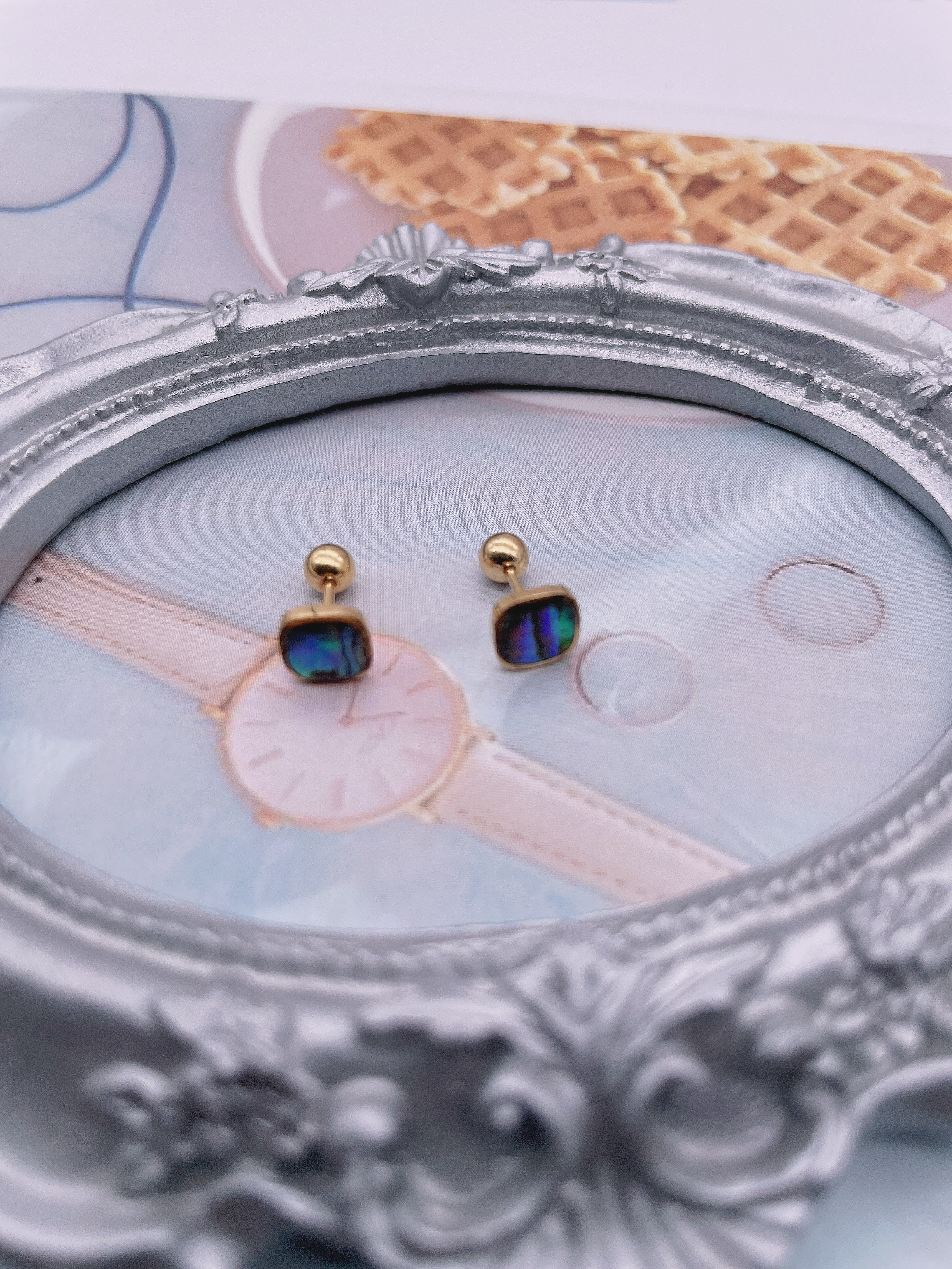 鲍鱼贝耳骨钉 不锈钢圆耳钉 方耳钉 心形耳钉高级感耳饰 简约时尚饰品 耳环女款耳钉耳环耳饰白底实物图