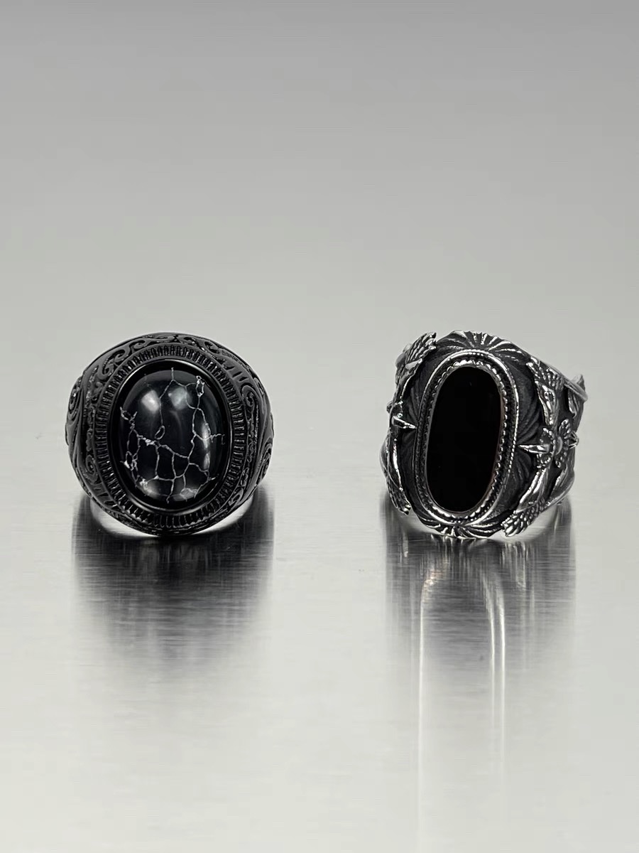 欧美雕花黑宝石玛瑙戒指男潮牌霸气朋克风钛钢指环男士食指戒复古