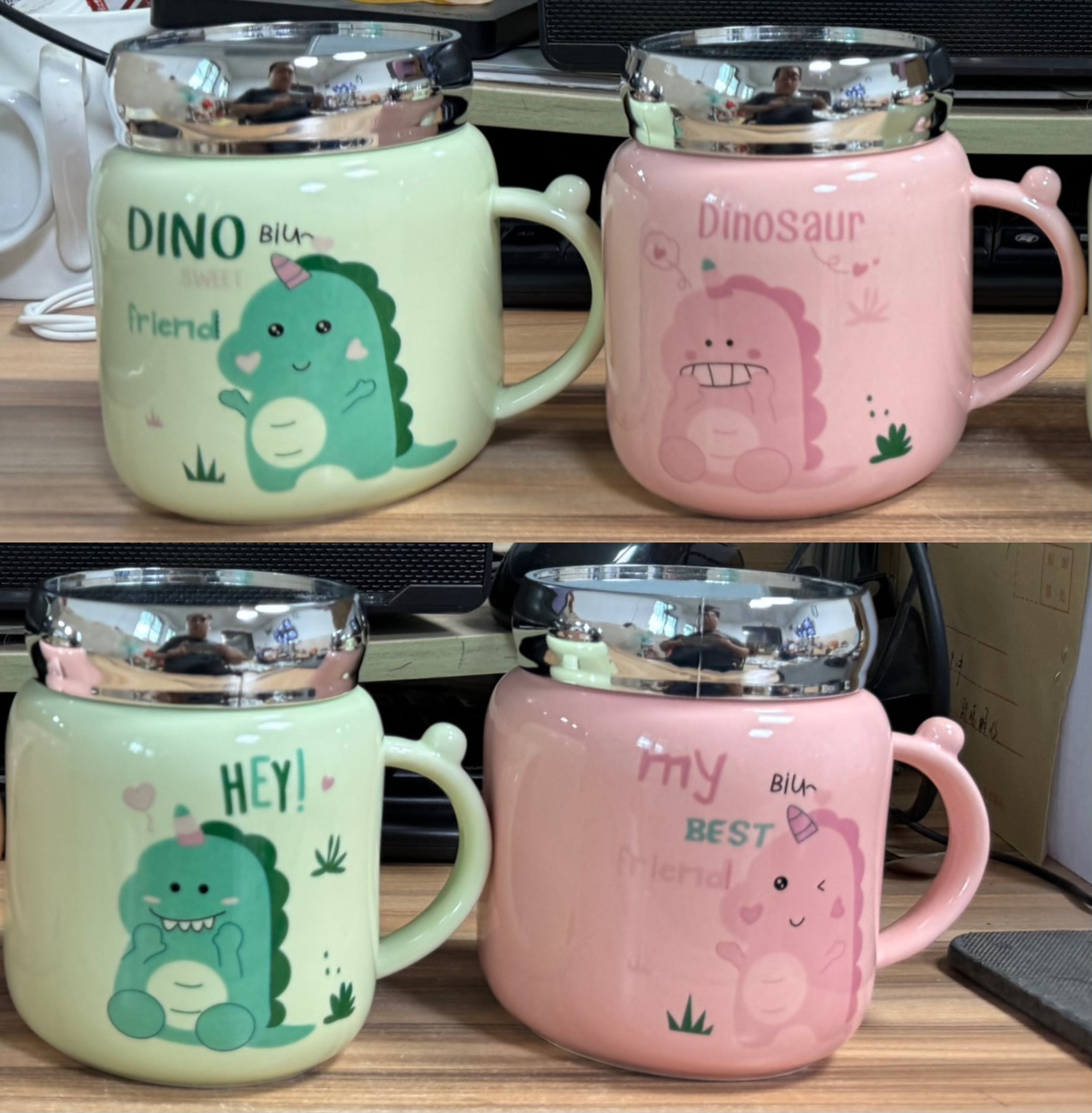 Mirror-finished colored ceramic cups with dinosaur patterns on the color box