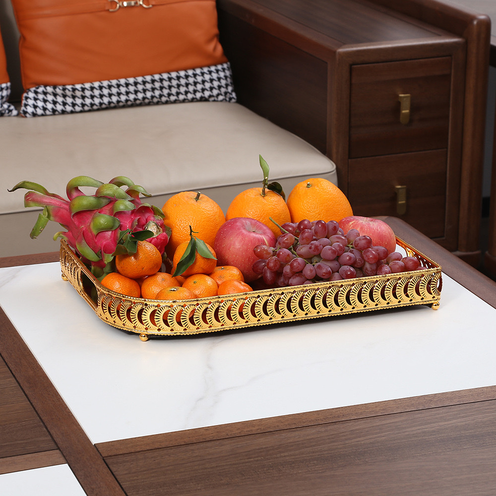 Cross-border European-style light luxury fruit tray, ironwork storage tray for home living room, water cup, tea tray, decorative items, fruit plate, fruit tray
