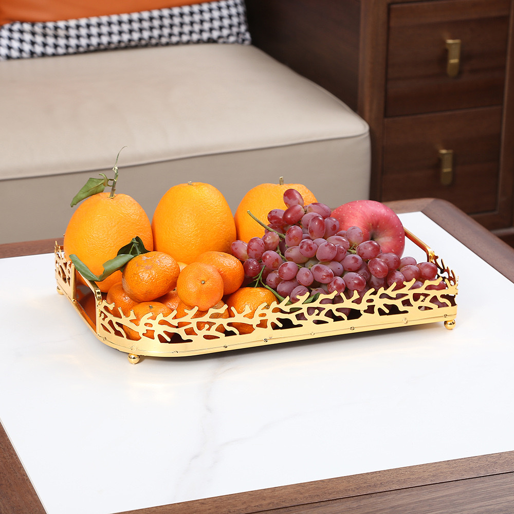 European-style light luxury mirror glass metal tray, living room coffee table, entrance hall storage plate, water cup, tea tray, decorative items