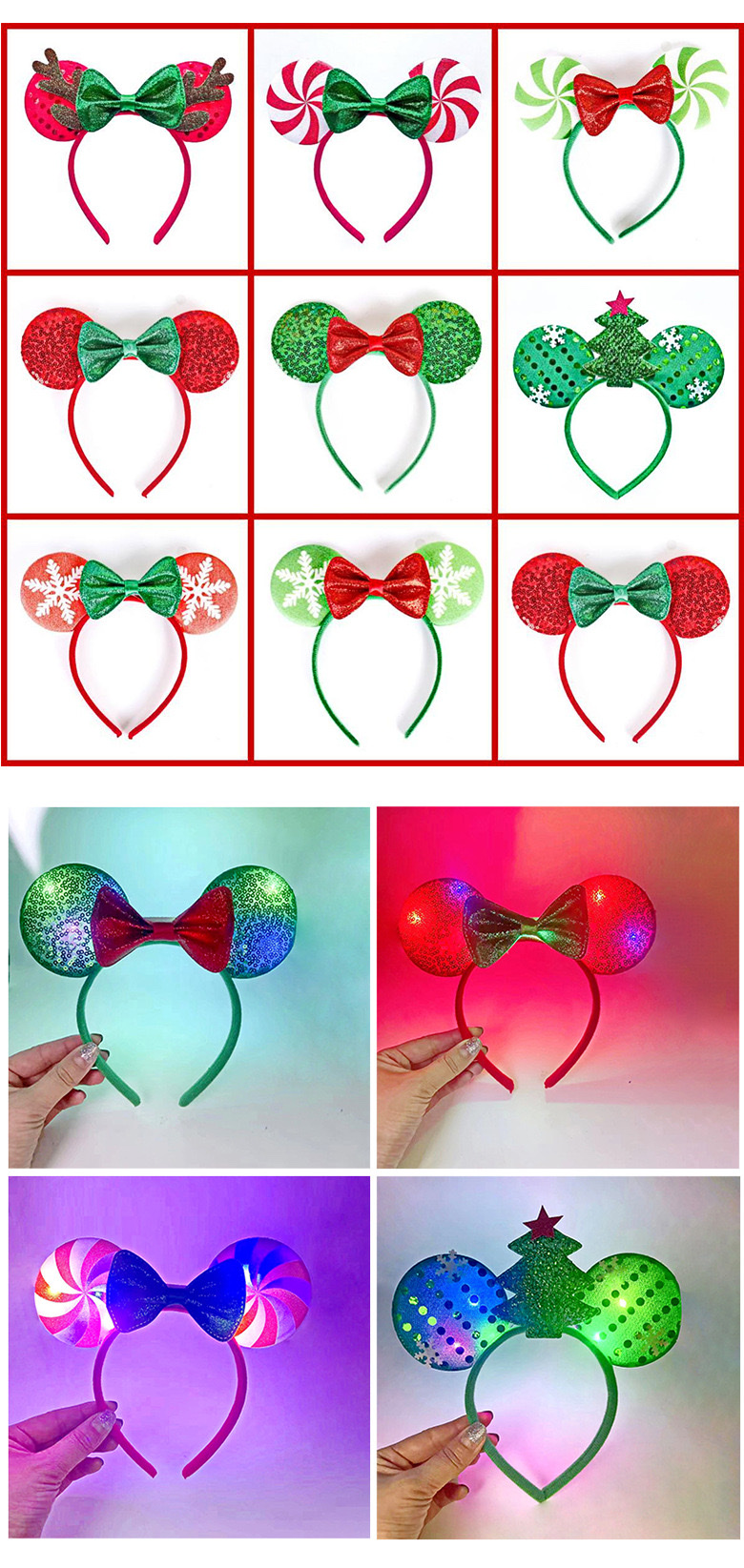 2024年爆款亚马逊系列圣诞节糖果米妮耳朵发箍发饰圣诞游乐园假日可爱米奇耳朵头扣带装饰 详情图5