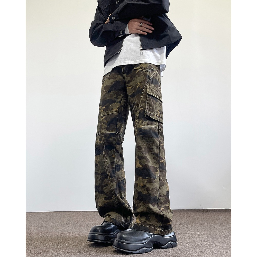 American High Street Pleated Straight Camo Overalls Vintage Zipper Pocket Baggy Jeans Men's Trousers details Picture