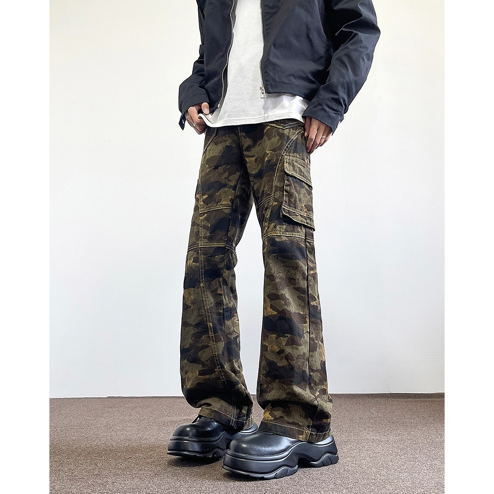American High Street Pleated Straight Camo Overalls Vintage Zipper Pocket Baggy Jeans Men's Trousers