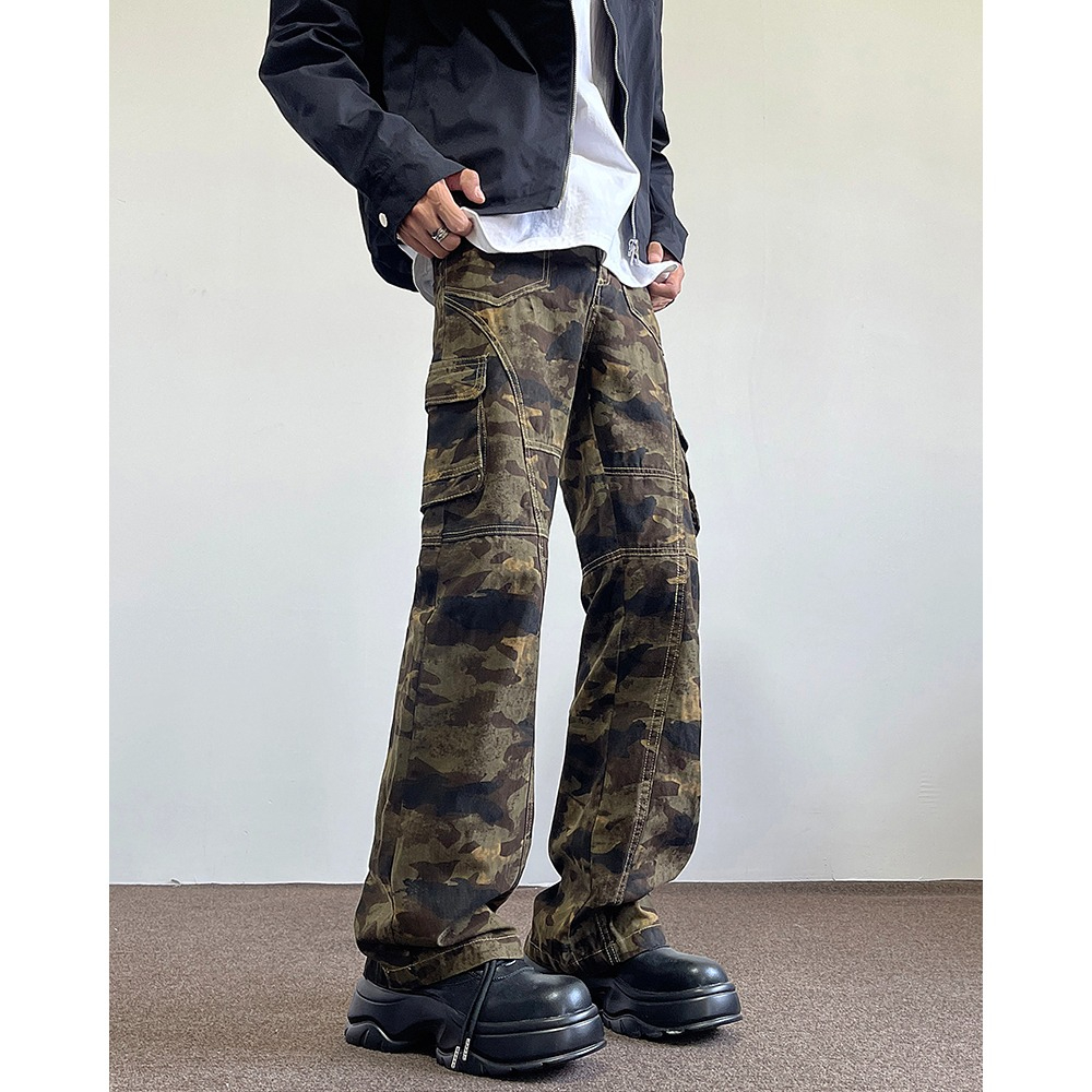 American High Street Pleated Straight Camo Overalls Vintage Zipper Pocket Baggy Jeans Men's Trousers Application Scenario