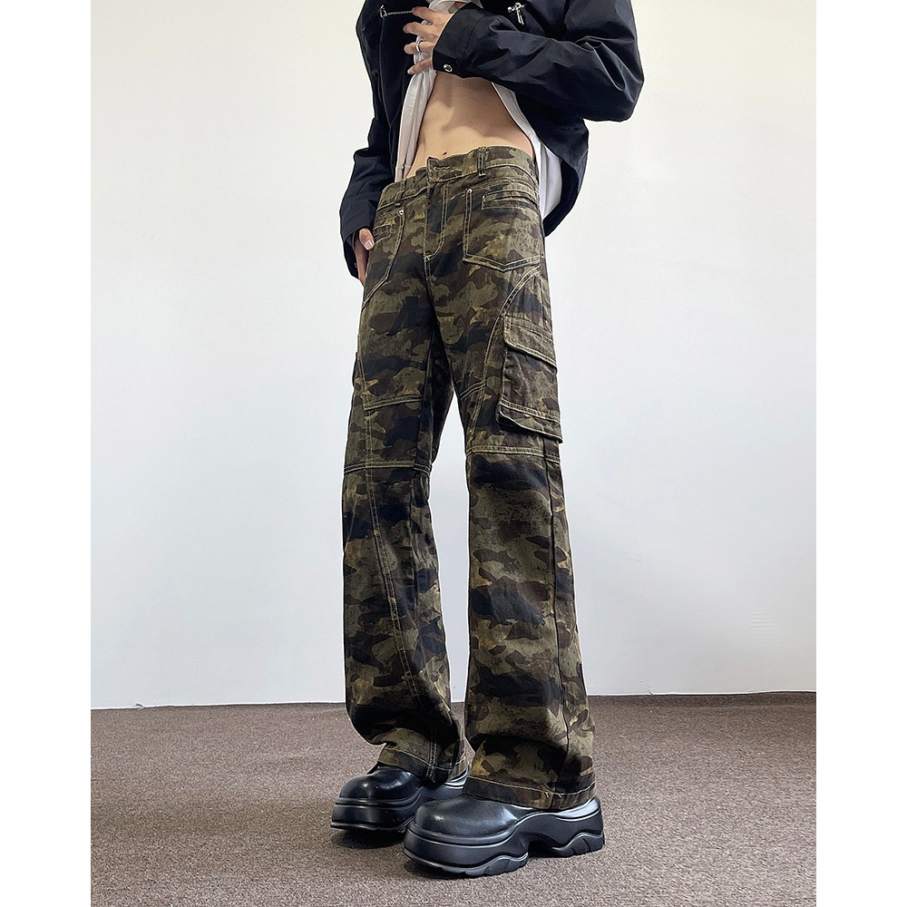 American High Street Pleated Straight Camo Overalls Vintage Zipper Pocket Baggy Jeans Men's Trousers Specification drawing