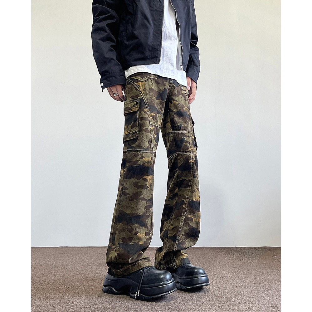American High Street Pleated Straight Camo Overalls Vintage Zipper Pocket Baggy Jeans Men's Trousers Item Picture