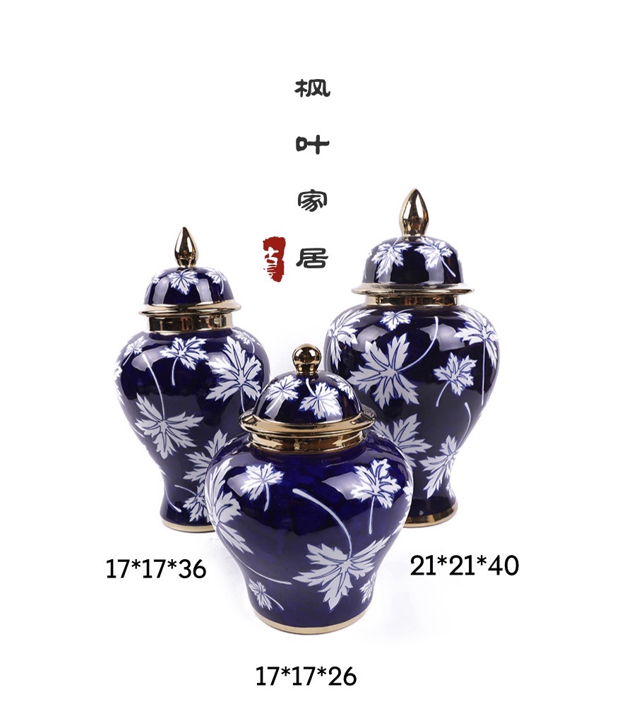 Blue and white porcelain vase with blue background, antique hand-painted blue and white porcelain, Chinese storage jar with lid, living room hydroponic flower arrangement ceramic vase Specification image