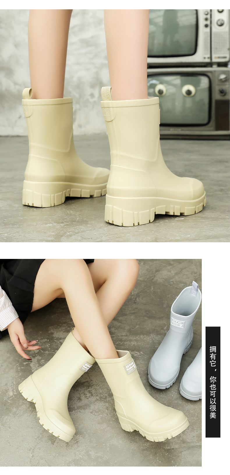 女士时尚日系简约雨靴秋冬中筒水鞋成人雨鞋防水防滑胶鞋套鞋厚底详情10