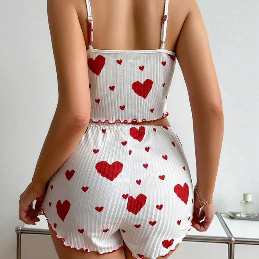 The 2024 Amazon cross-border best-selling women's home wear set with heart-shaped printed halter shorts and casual slats can be worn over European and American women's pajamas Specification image