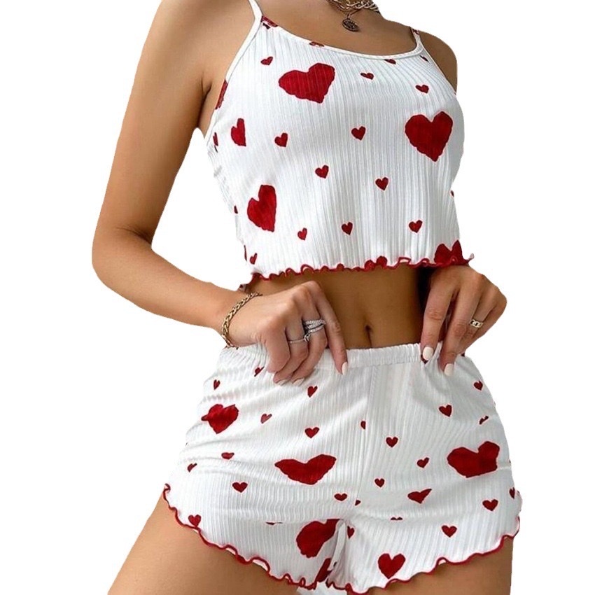 The 2024 Amazon cross-border best-selling women's home wear set with heart-shaped printed halter shorts and casual slats can be worn over European and American women's pajamas detail image 3