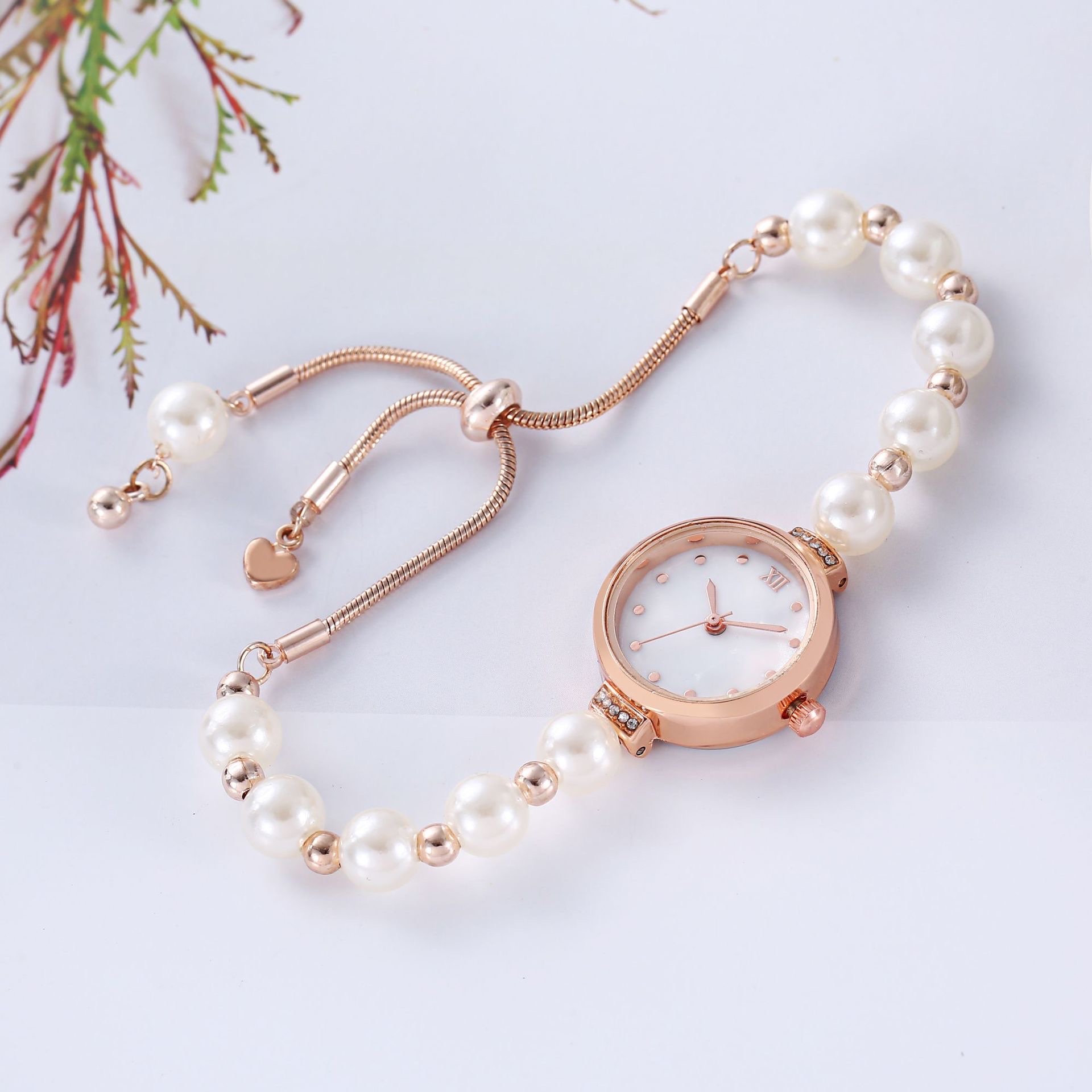 新款时尚珍珠细带贝母圆形女士手表自由调节手链表女款石英手表