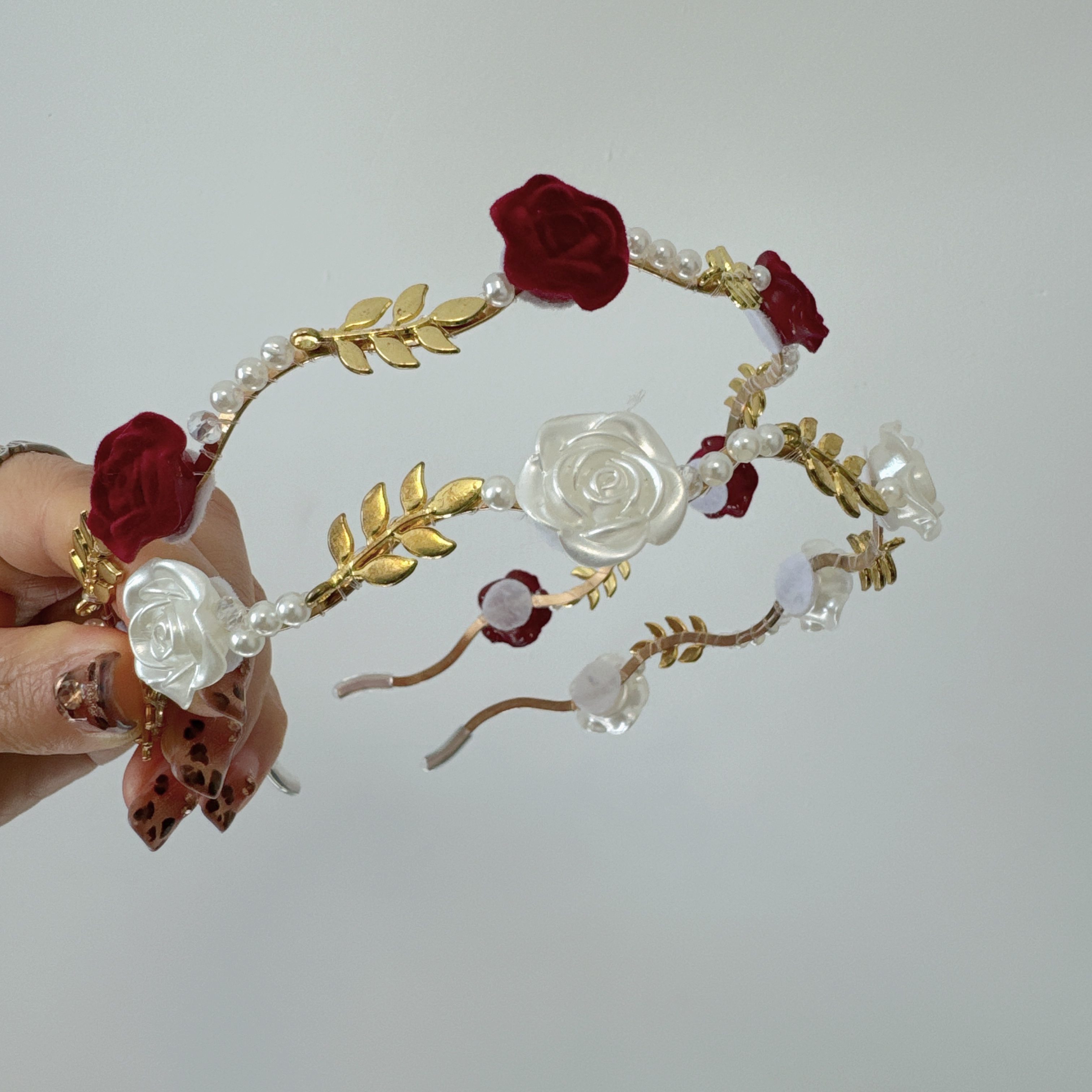 法式复古干枯玫瑰红色花朵珍珠发箍女高级感小众发卡头箍新娘头饰