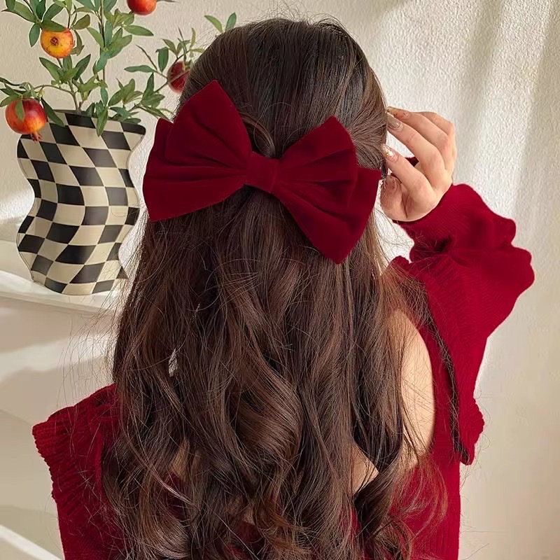 Red New Year bow hair band, women's hair clip, back of the head, elegant and high-end hair accessory, 2023 new style clip headwear details Picture