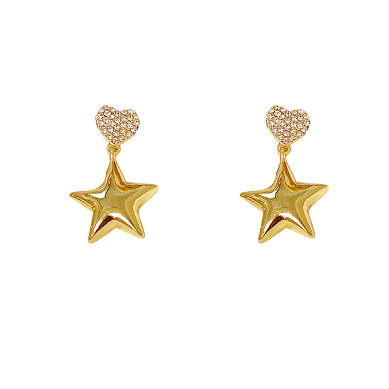 Korean zircon light luxury heart-shaped alloy stud earrings, women's smooth five-pointed star earrings, high-end and personalized earrings wholesale accessories