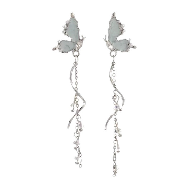 The unique design of the glass earrings, the high-end ear clips, and the fashionable and trendy accessories can beautifully decorate your ears. The new blue butterfly tassel stud earrings are a light luxury, niche, and high-end design for women. The long type of earrings